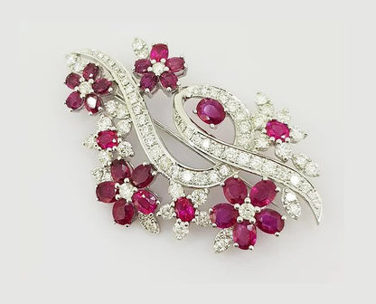 Vintage Ruby and Diamond Floral Spray Brooch, 18ct white gold. Circa 1970's