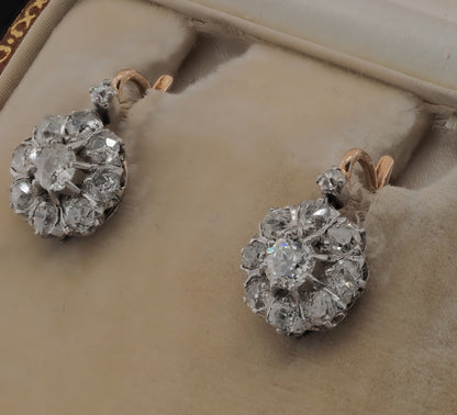 Antique Edwardian 2.1ct Old Cut Diamond Cluster Drop Earrings