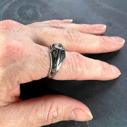 Art Deco 0.45ct Old European Cut Tinted Yellow Diamond Black Enamel and 14ct White Gold Ring