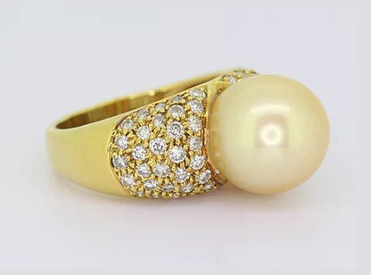 Vintage 11mm Golden South Sea Pearl and Diamond Bombe Cocktail Ring