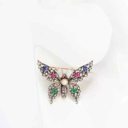 Antique Victorian Multi Gemstone Butterfly Brooch with Natural Pearl