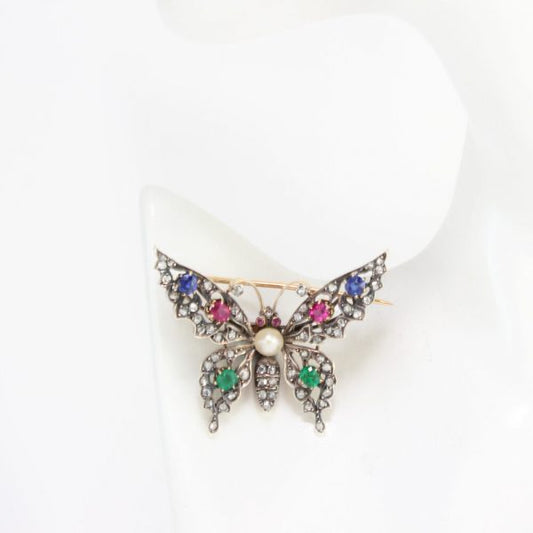 Antique Victorian Multi Gemstone Butterfly Brooch with Natural Pearl