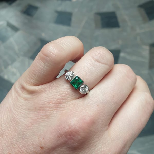 Princess Cut Colombian Emerald and Diamond Three Stone Ring, 0.50cts