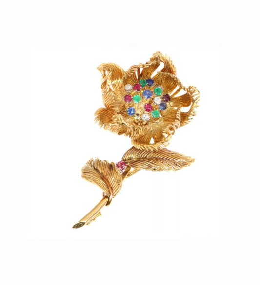 Vintage Cartier Diamond Ruby Sapphire Emerald Flower Brooch, 1950's