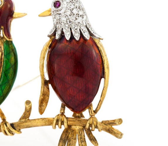 Vintage Enamel, Diamond, Ruby and 18ct Yellow Gold Bird Brooch; in the shape of two birds standing on a branch, London Import Hallmarks 1965