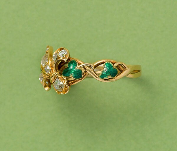 Antique Victorian Fleur de Lis Ring with Old Cut Diamonds and Green Enamel