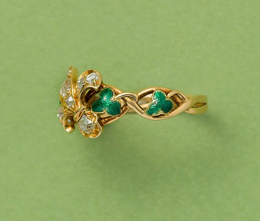 Antique Victorian Fleur de Lis Ring with Old Cut Diamonds and Green Enamel