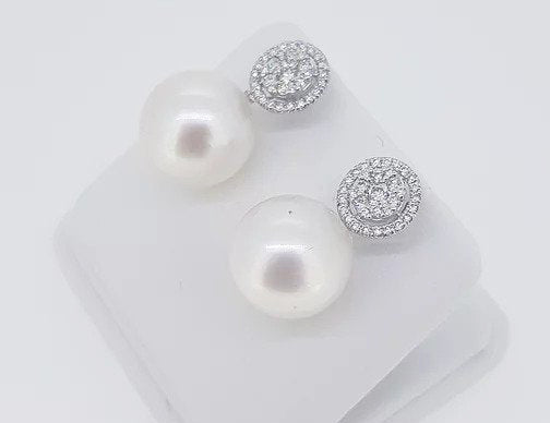 South Sea Pearl and Diamond Cluster Drop Earrings, 0.85 carats