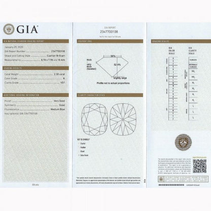 3.13ct Cushion Cut Diamond Three Stone Ring; cushion-cut diamond flanked by round old-cut diamonds, 18ct yellow gold, with GIA certificate