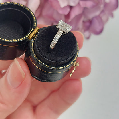 GIA Certified E VS2 1.03ct Emerald Cut Diamond Solitaire Engagement Ring in Platinum with Baguette Diamond Shoulders