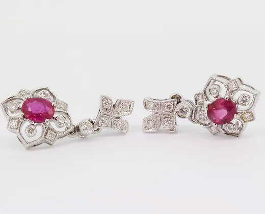Pair of Decorative Ruby and Diamond Floral Drop Earrings, in 18ct white gold.