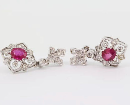 Pair of Decorative Ruby and Diamond Floral Drop Earrings, in 18ct white gold.