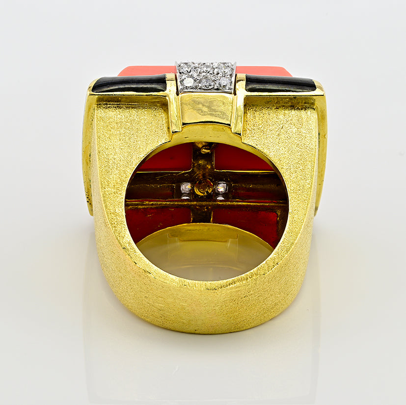 Vintage David Webb Coral Sapphire Enamel Diamond Gold Cocktail Ring