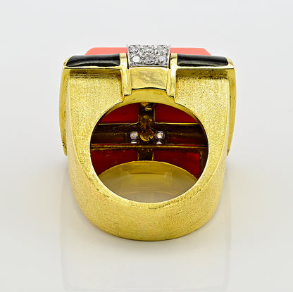 Vintage David Webb Coral Sapphire Enamel Diamond Gold Cocktail Ring