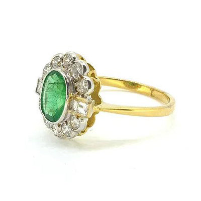 Modern 1.20ct Oval Emerald and Diamond Floral Cluster Ring
