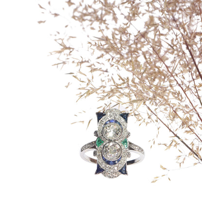 Art Deco Sapphire Emerald and Diamond Plaque Ring in Platinum