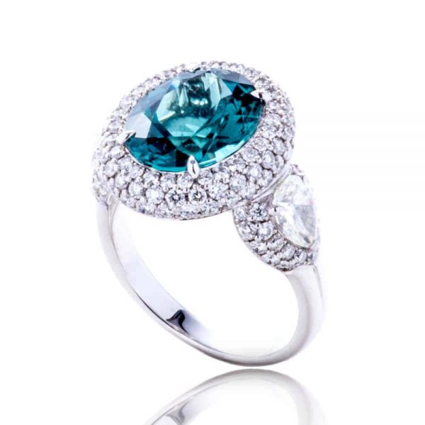 4.69 Oval Indicolite Tourmaline and Diamond Cluster Dress Ring