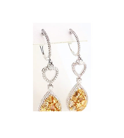 Contemporary Yellow and White Diamond Drop Earrings, 3.00cts, pear-shaped drop,, heart accent, 18ct white gold.