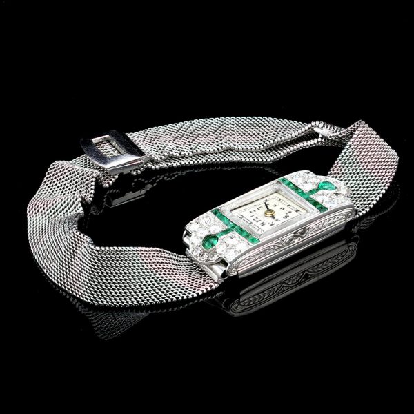 Drecier and Co Art Deco Platinum Manual Watch with Emeralds and Old Cut Diamonds