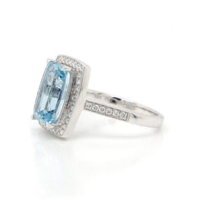 Cushion Cut Aquamarine and Diamond Rectangular Cluster Ring, 2.63 carats