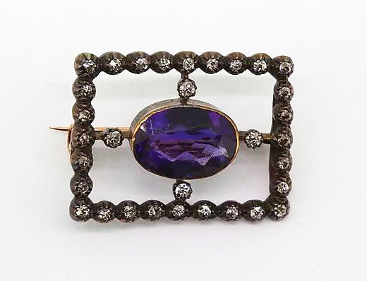 Antique Georgian Amethyst and Diamond Brooch, Silver and Gold, c.1830