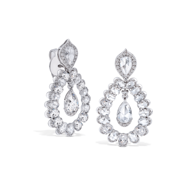 Rose Cut Pear Diamond Drop Earrings; 34 oval rose-cut diamonds curving around two suspended pear-shaped rose-cut diamonds, 5.11 carat total, 18ct white gold