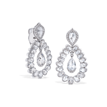 Rose Cut Pear Diamond Drop Earrings; 34 oval rose-cut diamonds curving around two suspended pear-shaped rose-cut diamonds, 5.11 carat total, 18ct white gold