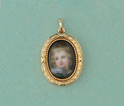 Antique Victorian Miniature Portrait Pendant by Wiese; 19th century Neoclassical bi-colour 18ct gold pendant, portrait miniature of a child within a laurel wreath border, Signed Wièse, France, Circa 1870