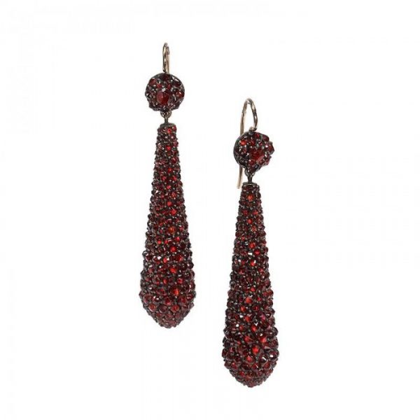 Antique Bohemian Garnet Drop Earrings; pavé set with rose-cut garnets, silver settings with gold backs and wires. Circa 1890