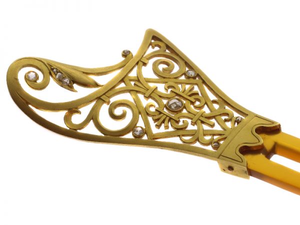 Antique Victorian French Gold and Horn Diamond Set Hair Comb