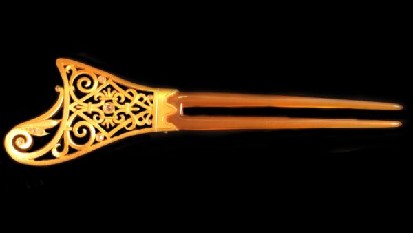 Antique Victorian French Gold and Horn Diamond Set Hair Comb