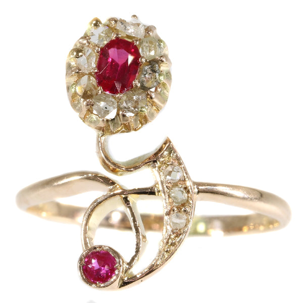 Antique Art Nouveau Ruby and Diamond Crossover Ring