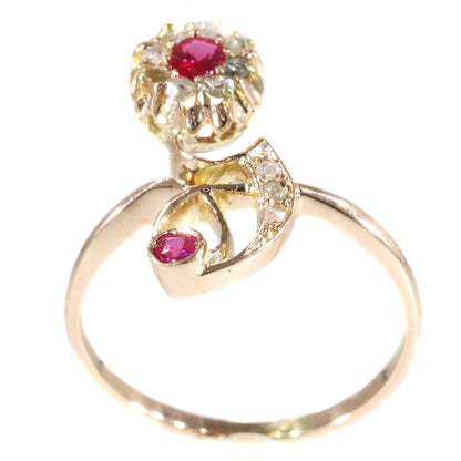 Antique Art Nouveau Ruby and Diamond Crossover Ring