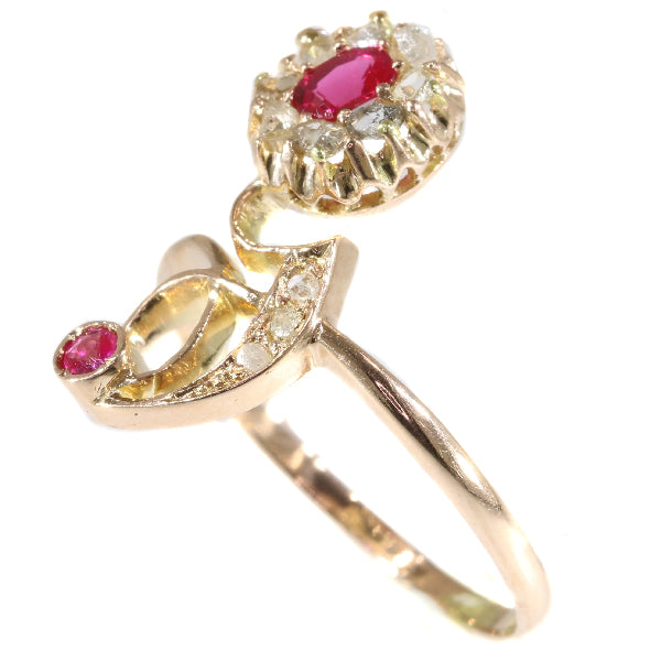 Antique Art Nouveau Ruby and Diamond Crossover Ring