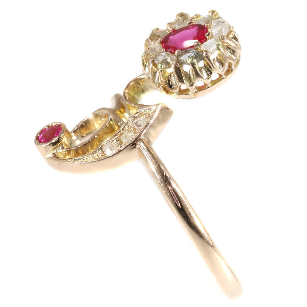 Antique Art Nouveau Ruby and Diamond Crossover Ring