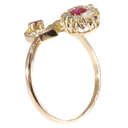 Antique Art Nouveau Ruby and Diamond Crossover Ring