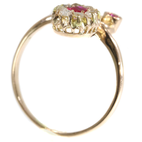 Antique Art Nouveau Ruby and Diamond Crossover Ring