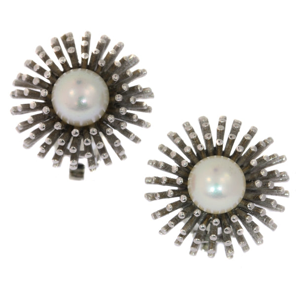 Vintage Pearl Set Sea Urchin 18ct White Gold Clip Earrings