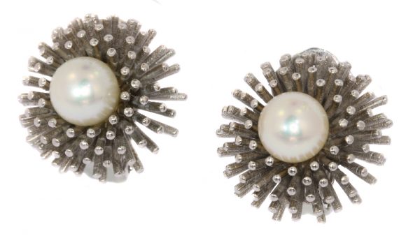 Vintage Pearl Set Sea Urchin 18ct White Gold Ear Clips