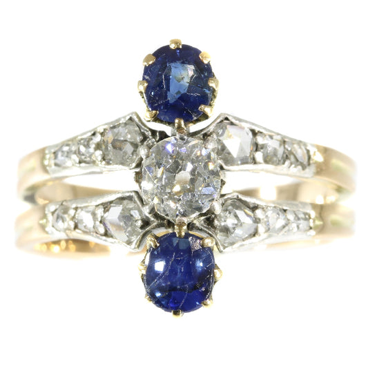 Antique Victorian Old European Cut Diamond and Sapphire 18ct Gold Ring