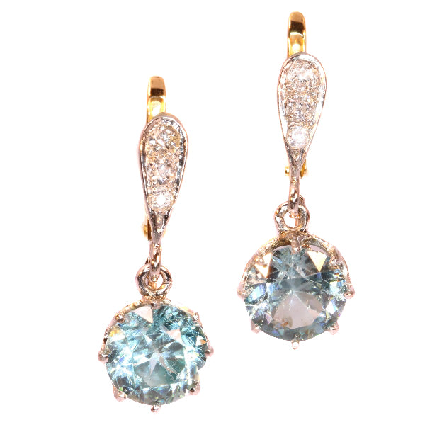 Antique Art Deco Diamond and Blue Zircon Earrings