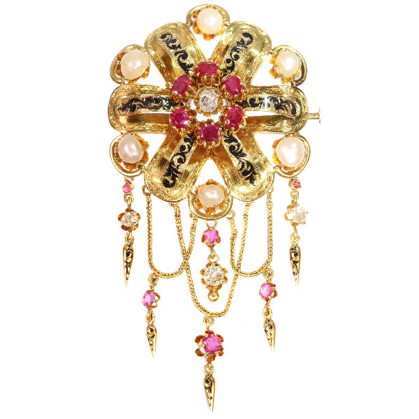 Antique Victorian Enamel and Gem Set Gold Fringe Brooch