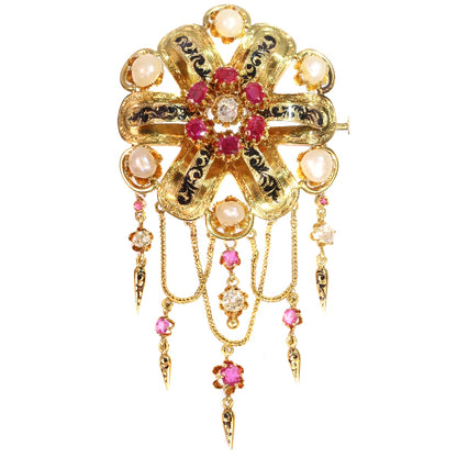Antique Victorian Enamel and Gem Set Gold Fringe Brooch