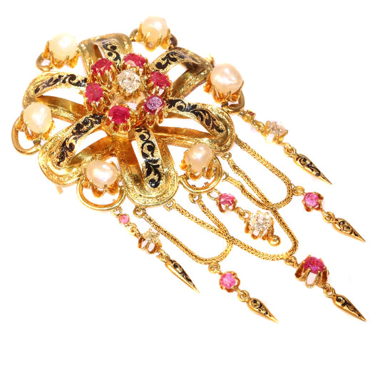 Antique Victorian Enamel and Gem Set Gold Fringe Brooch