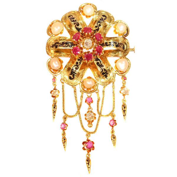 Antique Victorian Enamel and Gem Set Gold Fringe Brooch