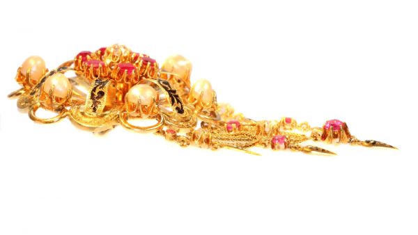 Antique Victorian Enamel and Gem Set Gold Fringe Brooch