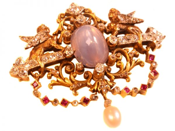 Antique Victorian French Diamond and Star Sapphire Sphinx Brooch