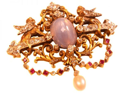 Antique Victorian French Diamond and Star Sapphire Sphinx Brooch