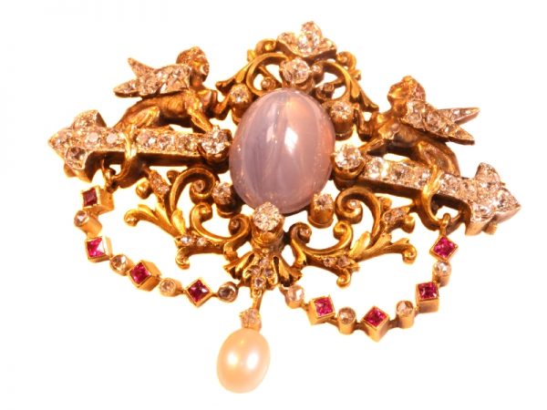 Antique Victorian French Diamond and Star Sapphire Sphinx Brooch