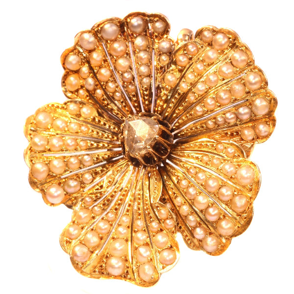 Antique Victorian Diamond and Pearl Gold Pansy Pendant Brooch